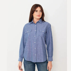 Nili Lotan Women's Felicity Tunic Shirt Blue striped 2 pocket Size Large
